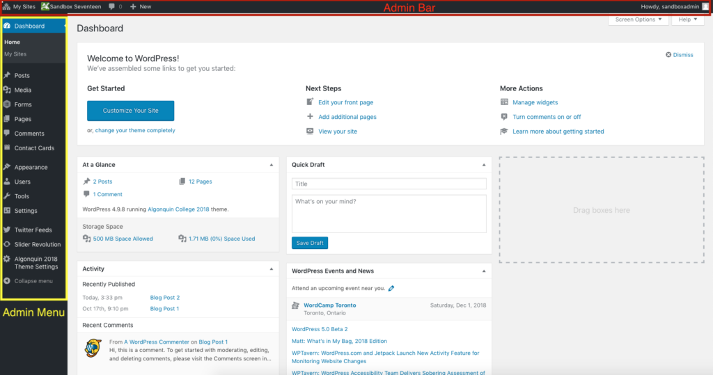 Screenshot of the Dashboard highlighting the Admin Bar and Admin Menu areas