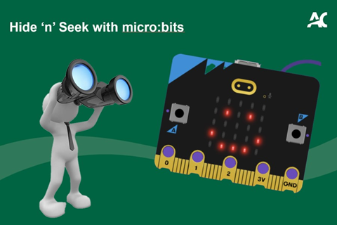 A small featureless man looking through binoculars at a micro:bit, with the title 