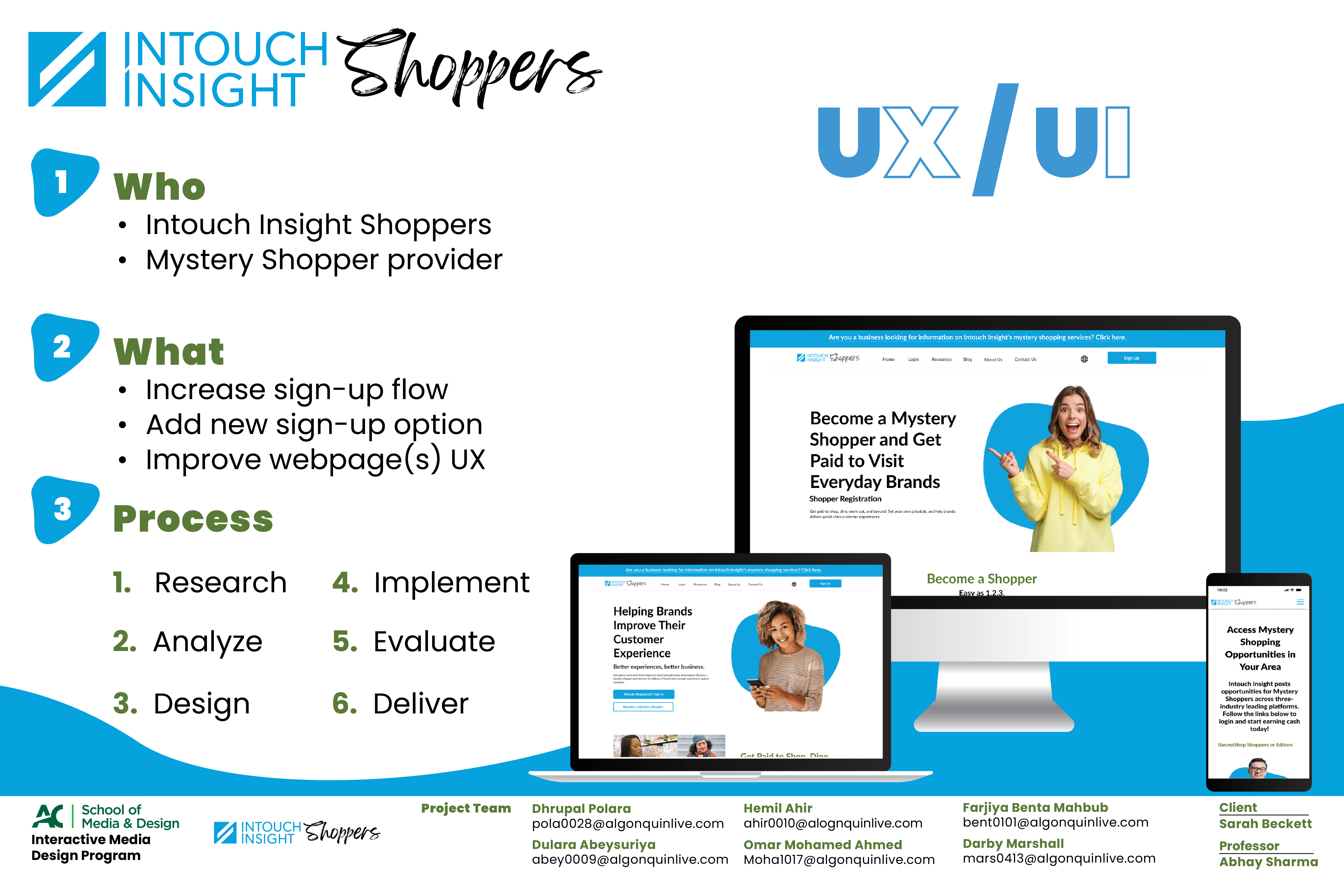 A UX and UI project aimed at enhancing Intouch Insight's Shoppers website by introducing a new registration option for mystery shoppers. Designed and tested to streamline the sign-up process and improve the overall sign-up flow, ultimately increasing user registrations.