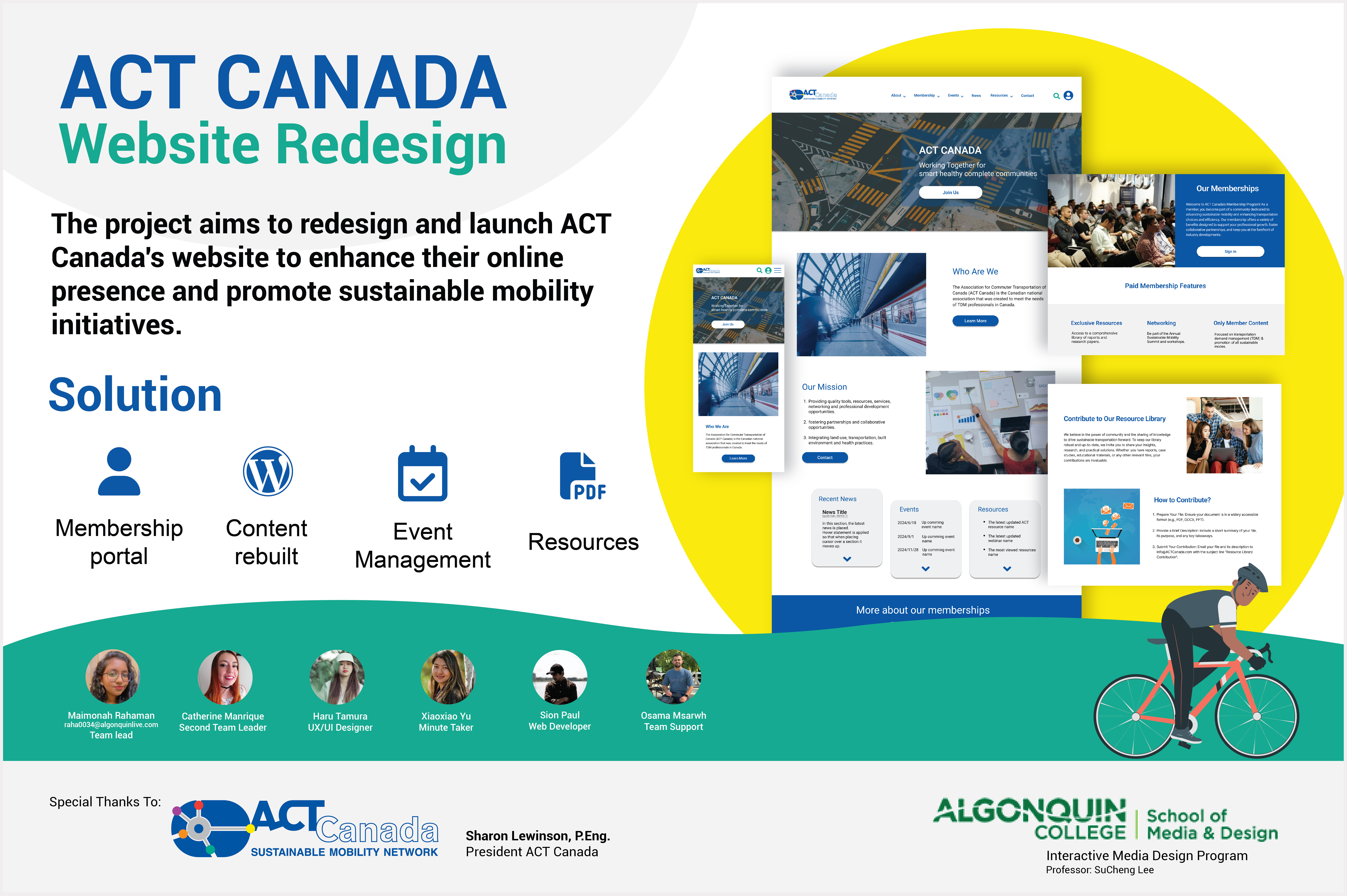 The image text provides a brief overview of the redesign project. On the right side, a hi-fi wireframe version of the homepage is visible, surrounded by round and colorful elements that complement the branding style. At the bottom right of the image, there is a free vector illustration of a cyclist,