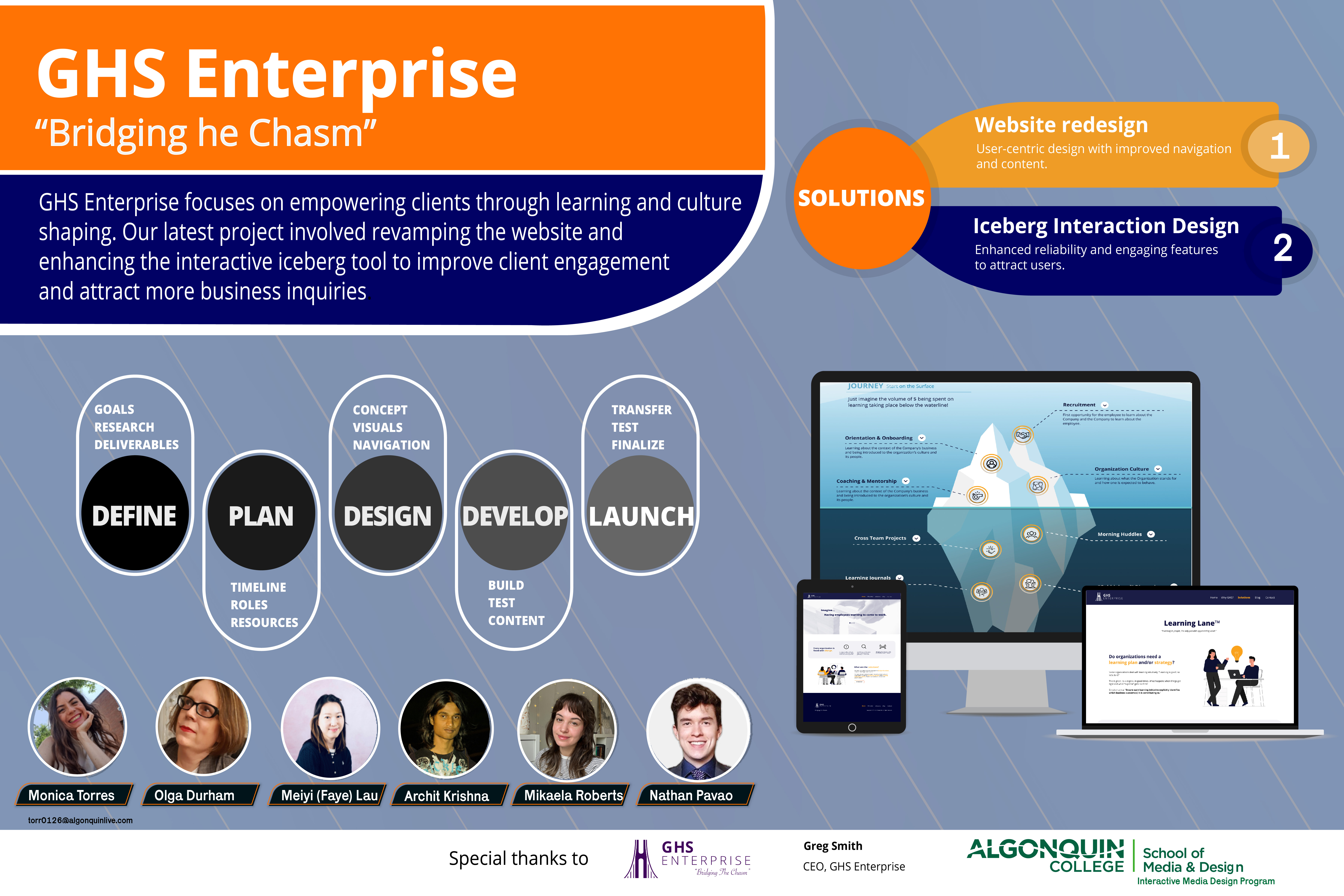 Display poster, GHS Enterprise company focuses on empowering customers through learning and shaping culture, website redesign project aims to ensure the new website meets the needs of its users and al at the same time effectively convey the mission and services of GHS Enterprise. Six members of the