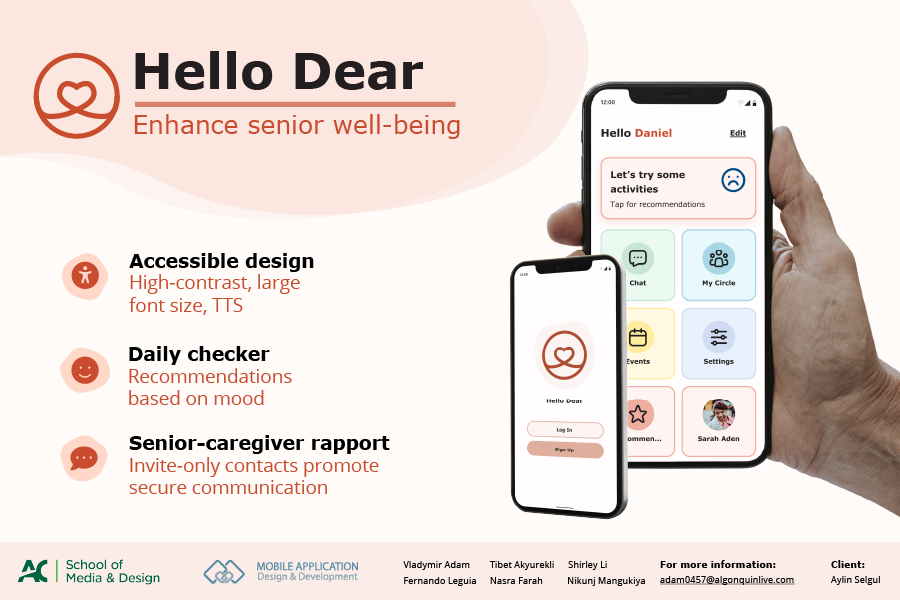 Banner image of Hello Dear, a mobile application that aims to enhance senior well-being. It features: 1) Accessible design 2) Daily checker which offers recommendations based on mood 3) Build better senior-caregiver rapport.