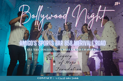 The poster showing a Bollywood night that happened on 27 march at Amigo's Club, Merivale for the charity foundation legacy of hope.