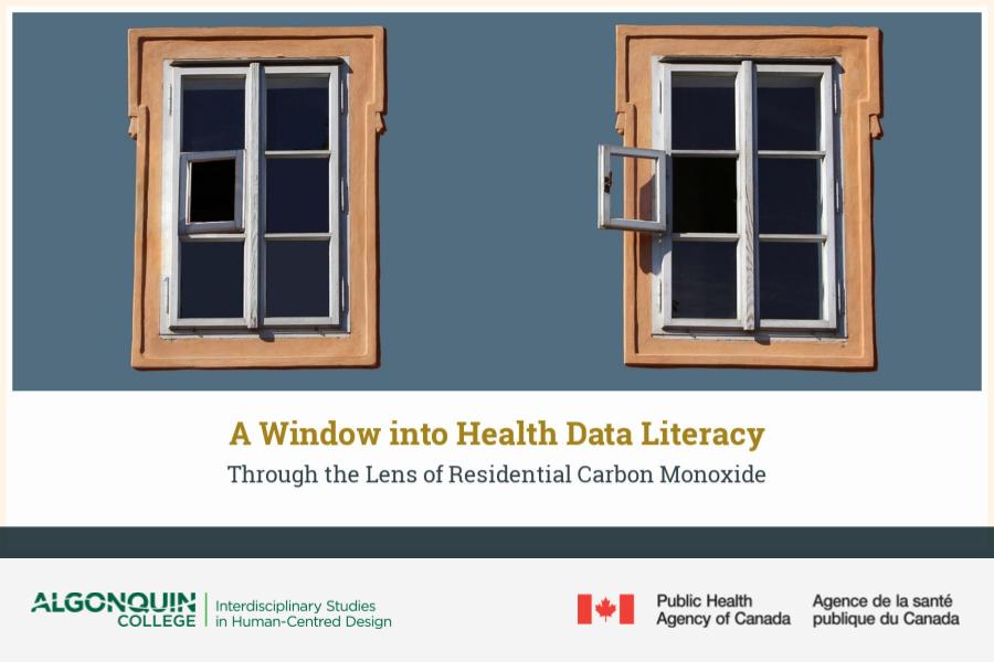 Two windows side by side on a blue wall, with the words “A Window into Health Data Literacy Through the Lens of Residential Carbon Monoxide” and logos for Algonquin College Interdisciplinary Studies in Human-Centred Design program and the Public Health Agency of Canada below.