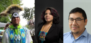 three headshots of student leaders. One male student in full Indigenous headress, one female student on a dark background and third male student wearing a blue shirt