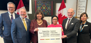 Claude Brule with two federal ministers and guests in the Mamidosewin centre for a funding announcement