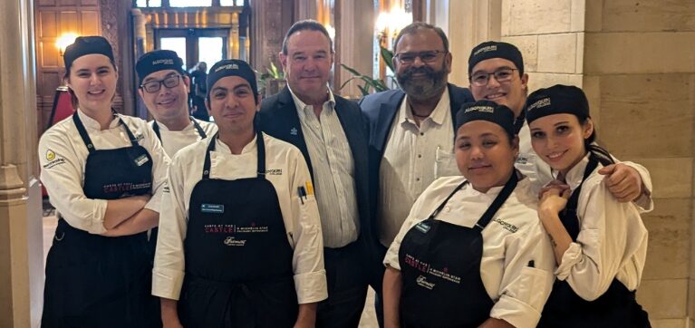 Harsh Singh, Acting Chair, Culinary Arts, pictured with culinary and pastry arts learners and program coordinators.