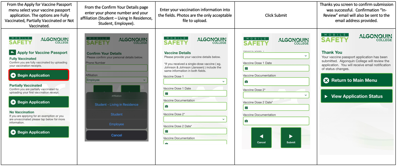 Mobile safety app vaccine passport application screenshots.