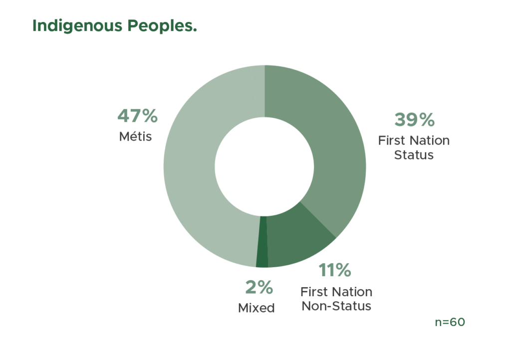 Data Presented: 47% Metis, 39% First Nation Status, 11% First Nation Non-Status, 2% Mixed (n=60)