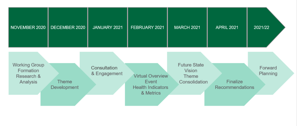 A visual timeline of the Strategic Exercise to Restore Financial Sustainability (SERFS) project from November 2020 to Spring 2021.