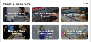 Learning paths on Lynda.com: Becoming a music business entrepreneur, become a recording engineer, become a songwriter, become a music producer, become a small business owner, and become a user experience designer