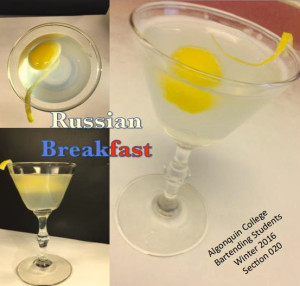 Photo of Russian Breakfast cocktail, a raw egg in a clear drink.