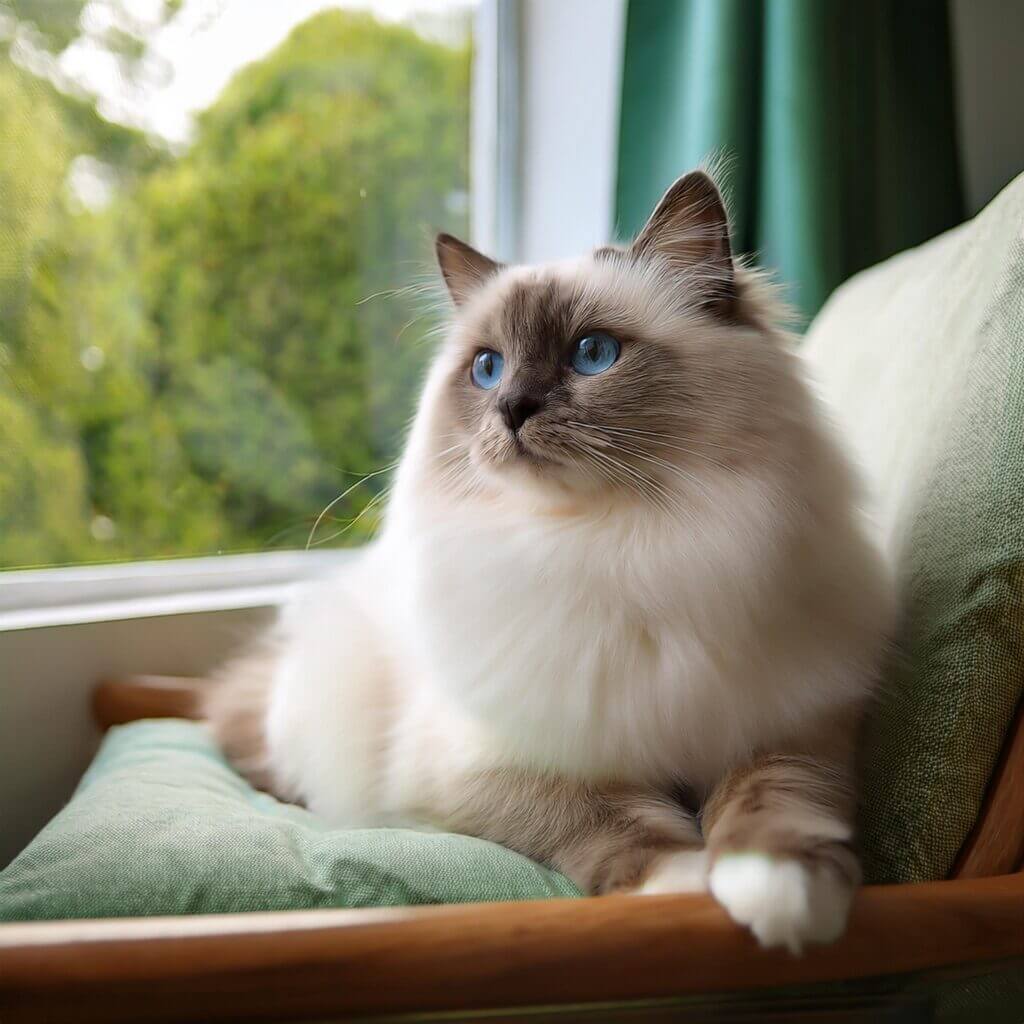 Firefly A photorealistic picture of a ragdoll cat that is sitting on a satin pillow in a chair near