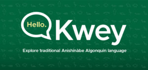 Green background with Kwey in large font. Small pictographs of Indigenous animals in background pattern