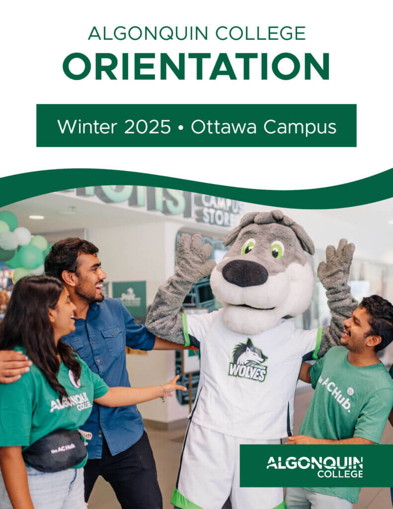 Orientation Magazine cover with a photo of 3 students interacting with our mascot, Thor, who is dressed like a grey timber wolf.