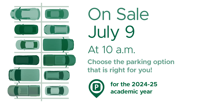 Parking lot of green drawn vehicles with text on the right saying: On Sale July 9 at 10 a.m. Choose the parking option that is right for you