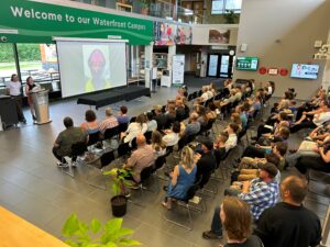 A crowd of people gather for the Algonquin College Forestry Technician silver ring ceremony.