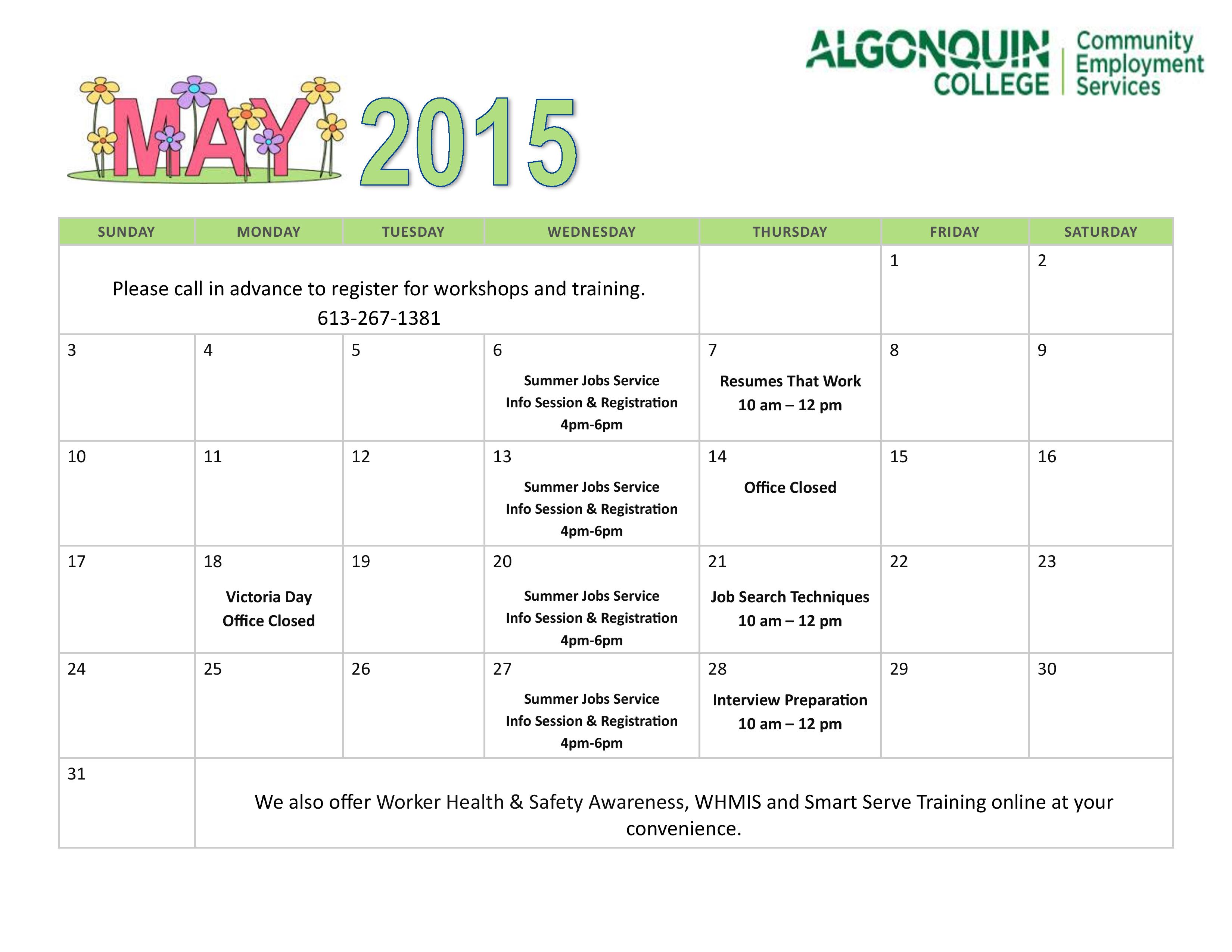 May 2015 Workshop Calendar page 001 Community Employment