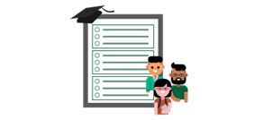 A document with sections. A graduation hat and avatars of students are on the corners of the document.