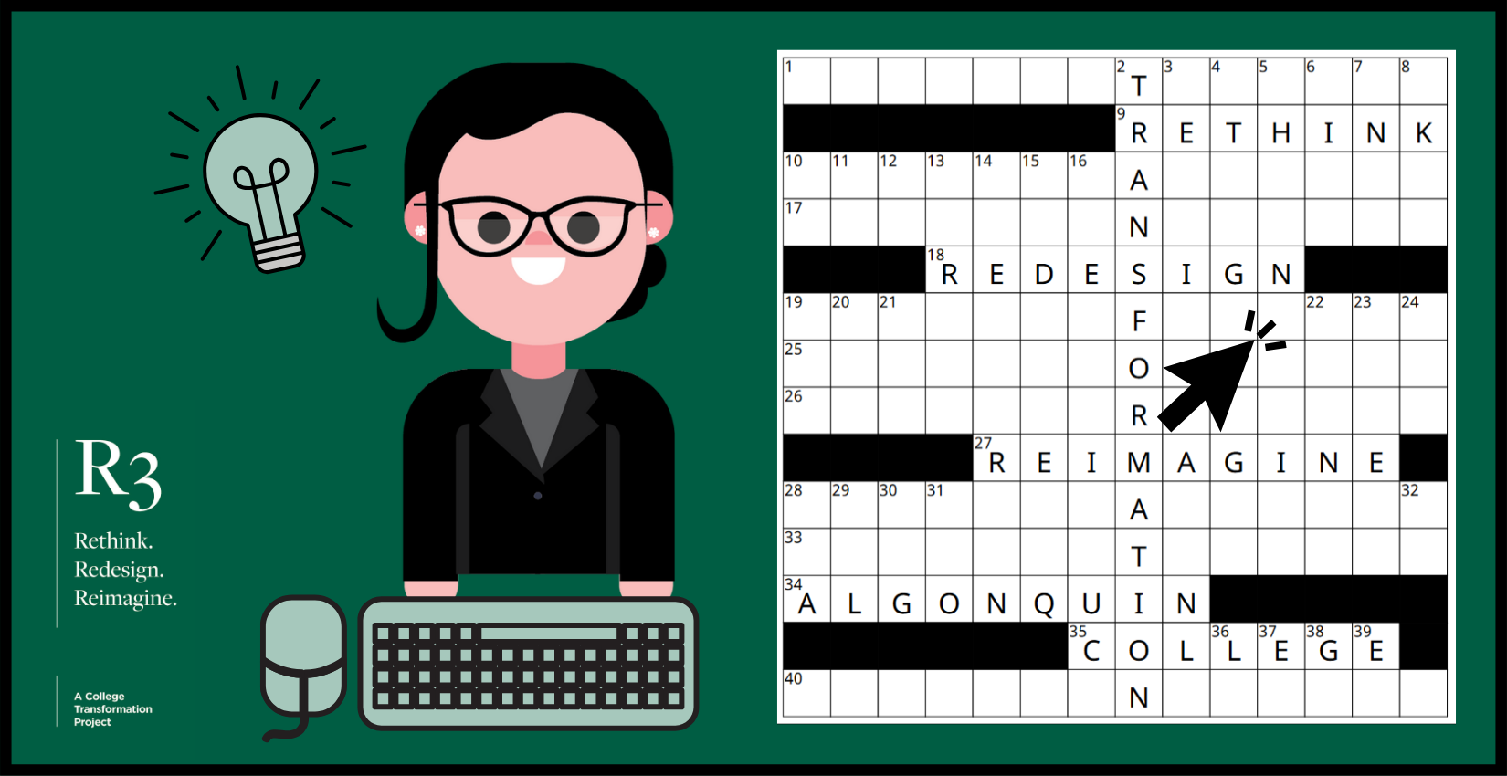 A graphic featuring the R3 Project logo, a cartoon avatar of a person with glasses, a computer keyboard and mouse, and a crossword puzzle.