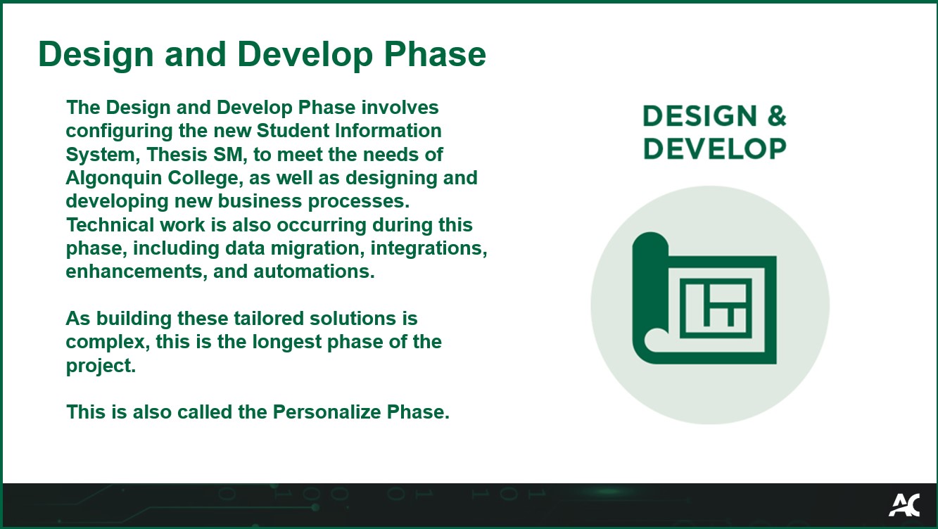 The Design and Develop Phase involves configuring the new Student Information System, Thesis SM, to meet the needs of Algonquin College, as well as designing and developing new business processes. Technical work is also occurring during this phase, including data migration, integrations, enhancements, and automations. As building these tailored solutions is complex, this is the longest phase of the project. This is also called the Personalize Phase.