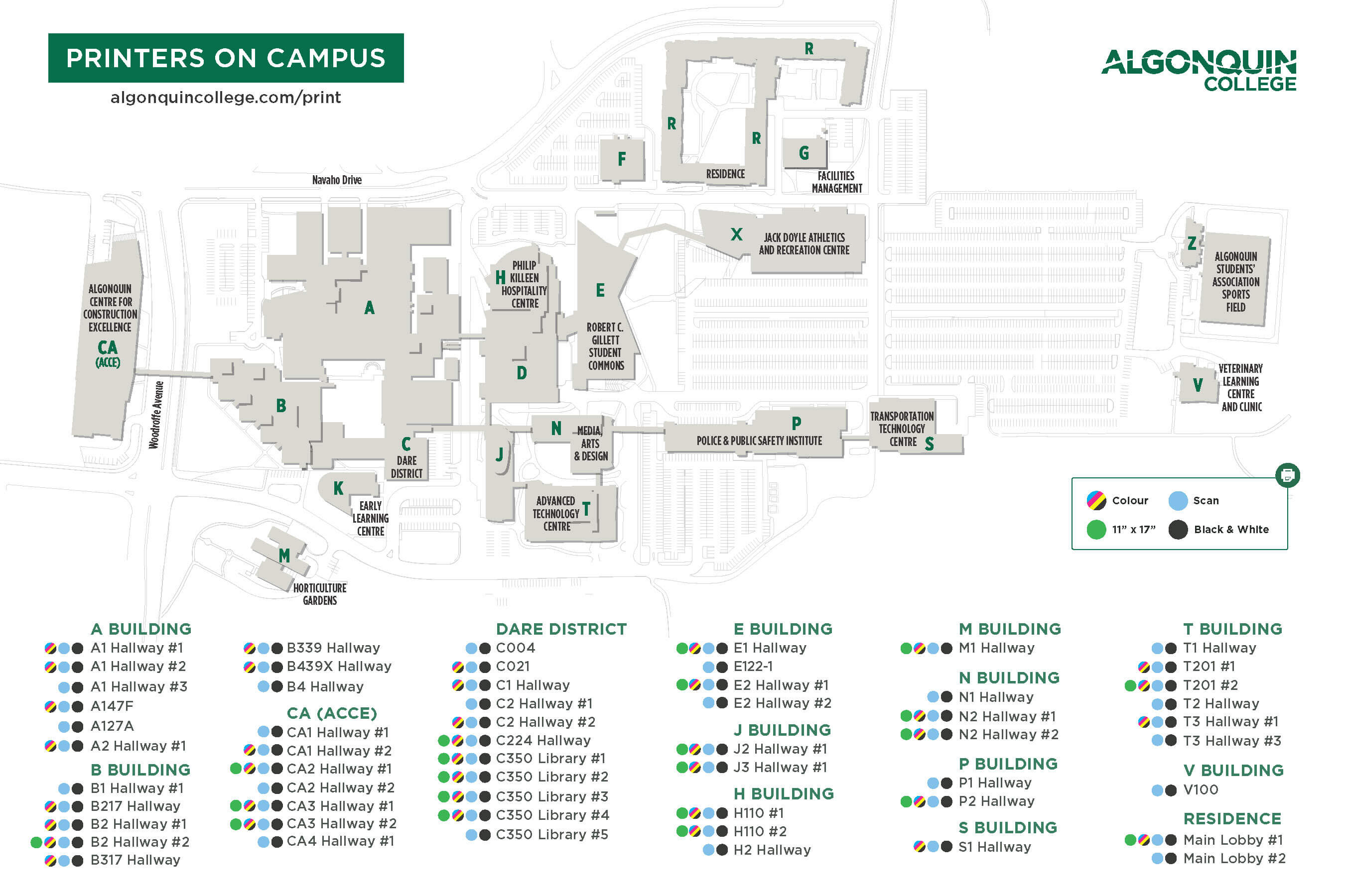 Map of the Ottawa campus showing all the public facing printer locations.