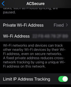 iOS Wi-Fi settings screen showing the Limit IP Address Tracking option.