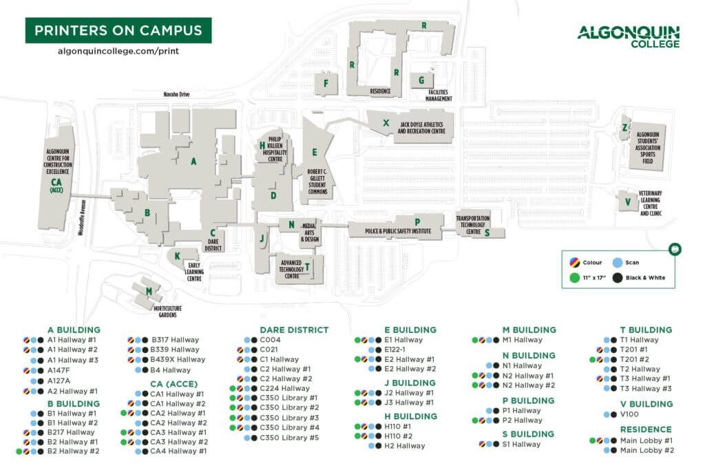 Map of the Ottawa campus showing all the public facing printer locations.