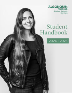 Student Handbook cover showing a black and white photo of a student smiling at the camera.