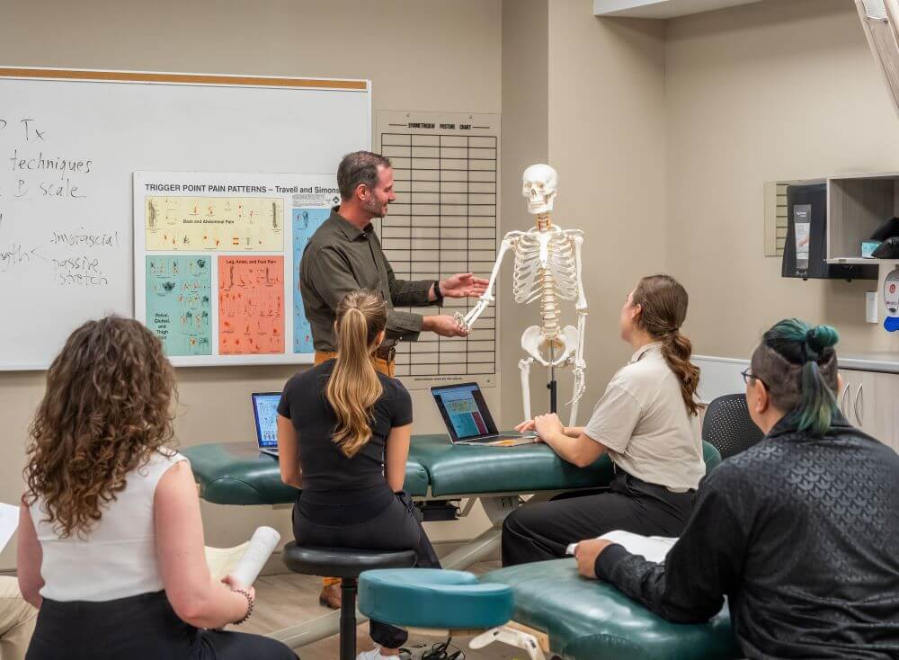 Professor in the Massage Therapy program using a skeleton to demonstrate trigger point pain patterns